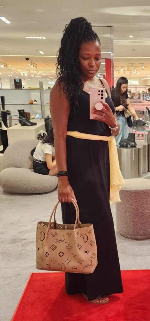 Me trying on a bag to pick a size.